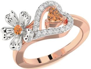 Diamond Emerald Platinum & Rose Gold Flower Heart Two Stone Birthstone Ring
