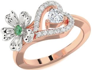 Diamond Emerald Platinum & Rose Gold Flower Heart Two Stone Birthstone Ring