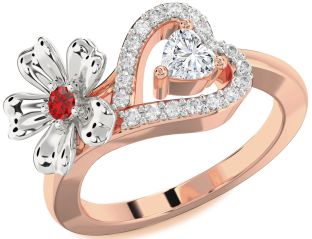 Diamond Emerald Platinum & Rose Gold Flower Heart Two Stone Birthstone Ring