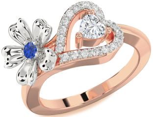 Diamond Rose Gold Silver Flower Heart Two Stone Promise Ring