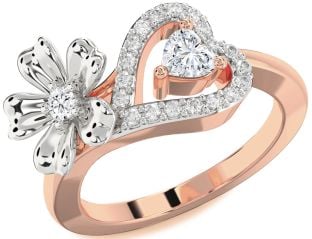 Diamond White Rose Gold Flower Heart Two Stone Ring