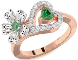Diamond Emerald Platinum & Rose Gold Flower Heart Two Stone Birthstone Ring