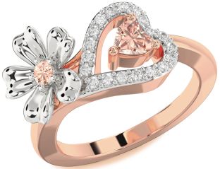 Diamond Emerald Platinum & Rose Gold Flower Heart Two Stone Birthstone Ring