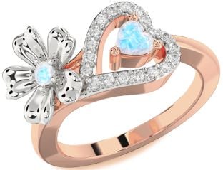 Diamond Emerald Platinum & Rose Gold Flower Heart Two Stone Birthstone Ring