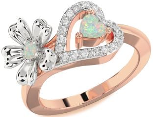 Diamond Emerald Platinum & Rose Gold Flower Heart Two Stone Birthstone Ring