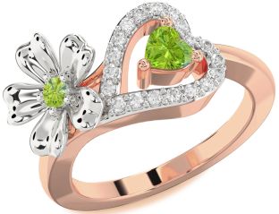 Diamond Emerald Platinum & Rose Gold Flower Heart Two Stone Birthstone Ring