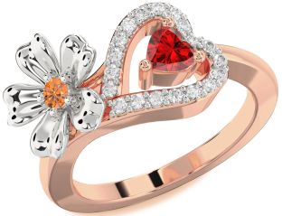 Diamond Emerald Platinum & Rose Gold Flower Heart Two Stone Birthstone Ring
