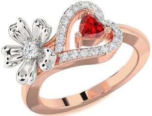 Diamond Rose Gold Silver Flower Heart Two Stone Promise Ring