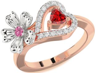 Diamond Emerald Platinum & Rose Gold Flower Heart Two Stone Birthstone Ring