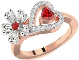 Diamond Emerald Platinum & Rose Gold Flower Heart Two Stone Birthstone Ring