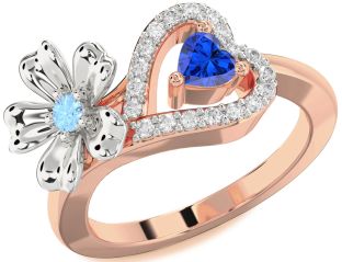 Diamond Rose Gold Silver Flower Heart Two Stone Promise Ring