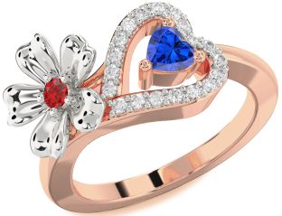 Diamond Emerald Platinum & Rose Gold Flower Heart Two Stone Birthstone Ring