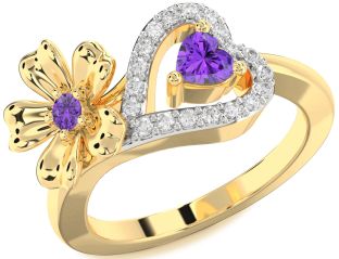 Diamond Emerald Gold Flower Heart Two Stone Birthstone Ring