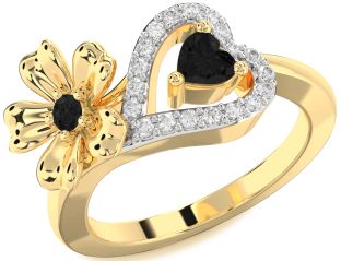 Black Diamond Gold Silver Flower Heart Two Stone Ring