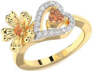 Diamond Emerald Gold Flower Heart Two Stone Birthstone Ring