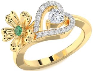 Diamond Emerald Gold Flower Heart Two Stone Birthstone Ring