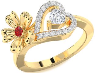 Diamond Emerald Gold Flower Heart Two Stone Birthstone Ring