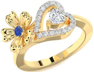Diamond Gold Silver Flower Heart Two Stone Promise Ring