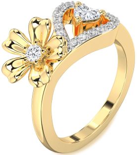 Diamond Gold Flower Heart Two Stone Ring