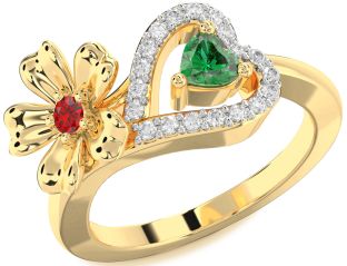 Diamond Emerald Gold Flower Heart Two Stone Birthstone Ring