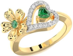 Diamond Emerald Gold Silver Flower Heart Two Stone Birthstone Ring