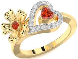 Diamond Emerald Gold Flower Heart Two Stone Birthstone Ring