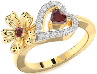 Diamond Emerald Gold Flower Heart Two Stone Birthstone Ring