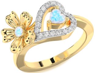 Diamond Emerald Gold Flower Heart Two Stone Birthstone Ring