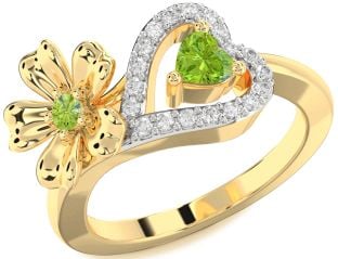 Diamond Emerald Gold Flower Heart Two Stone Birthstone Ring
