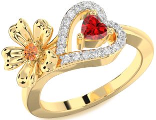 Diamond Emerald Gold Flower Heart Two Stone Birthstone Ring