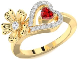 Diamond Gold Silver Flower Heart Two Stone Promise Ring