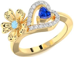 Diamond Gold Flower Heart Two Stone Promise Ring