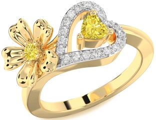 Yellow Diamond Gold Silver Flower Heart Two Stone Ring