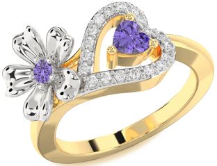 Diamond Emerald Platinum & Yellow Gold Flower Heart Two Stone Birthstone Ring