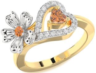 Diamond Emerald Platinum & Yellow Gold Flower Heart Two Stone Birthstone Ring