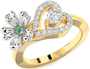 Diamond Emerald Platinum & Yellow Gold Flower Heart Two Stone Birthstone Ring