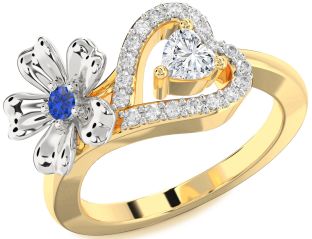 Diamond Gold Silver Flower Heart Two Stone Promise Ring
