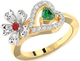 Diamond Emerald Platinum & Yellow Gold Flower Heart Two Stone Birthstone Ring
