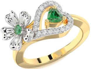 Diamond Emerald Platinum & Yellow Gold Flower Heart Two Stone Birthstone Ring