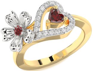 Diamond Emerald Platinum & Yellow Gold Flower Heart Two Stone Birthstone Ring