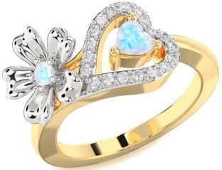Diamond Emerald Platinum & Yellow Gold Flower Heart Two Stone Birthstone Ring