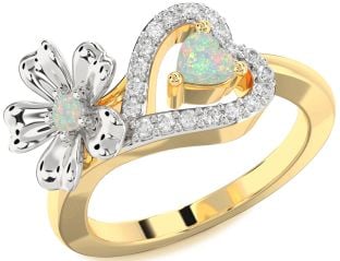 Diamond Emerald Platinum & Yellow Gold Flower Heart Two Stone Birthstone Ring