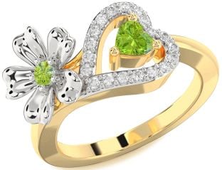 Diamond Emerald Platinum & Yellow Gold Flower Heart Two Stone Birthstone Ring