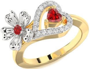 Diamond Emerald Platinum & Yellow Gold Flower Heart Two Stone Birthstone Ring
