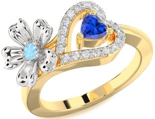 Diamond Platinum & Yellow Gold Flower Heart Two Stone Promise Ring