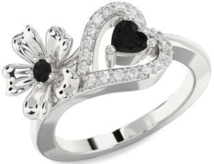 Black Diamond Platinum Flower Heart Two Stone Ring