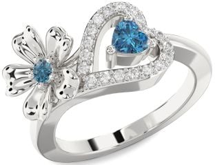 Blue Diamond Platinum Flower Heart Two Stone Ring