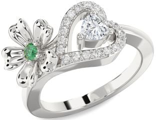 Diamond Emerald Platinum Flower Heart Two Stone Birthstone Ring