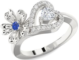 Diamond Silver Flower Heart Two Stone Promise Ring