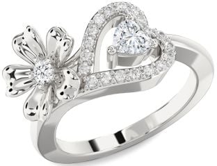 Diamond Silver Flower Heart Two Stone Ring